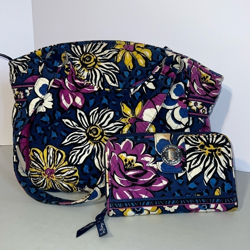 Vera Bradley Bundle Womens Floral Shoulder Purse & Wallet Vacation Beach Travel